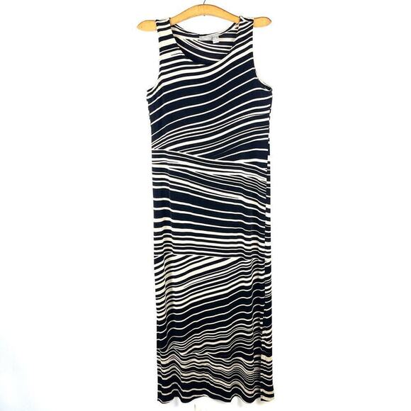 Chico's Travelers Acetate Black Cream Striped Sleeveless Maxi Dress Women's 1 M - Picture 1 of 9